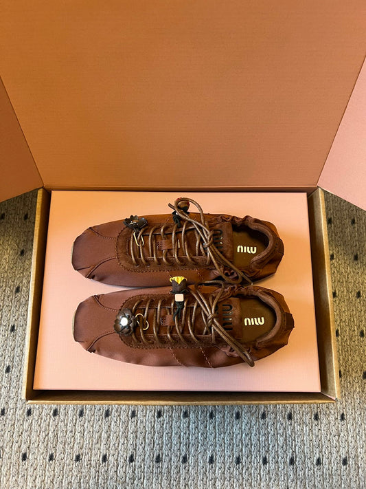 Miu Miu 2026 Plume Sneaker With Floral Charm Dark Brown Satin 621343