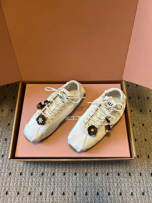 Miu Miu 2026 Plume Sneaker With Floral Charm White Satin 621346