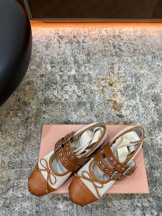 Miumiu 26ss Ballet Flat Ivory Camel Canvas Cowhide 709811