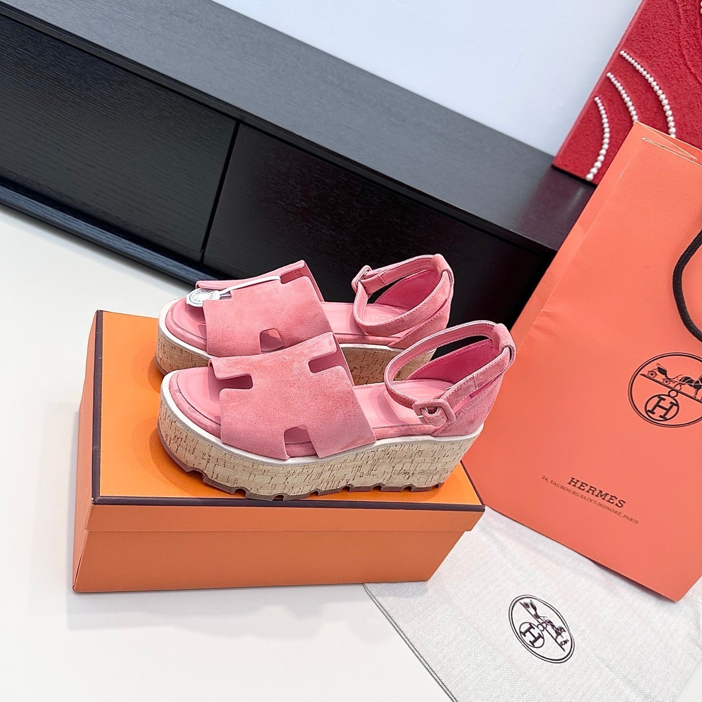 HM 26ss Platform Wedge Sandals 70 Pink Suede 622756
