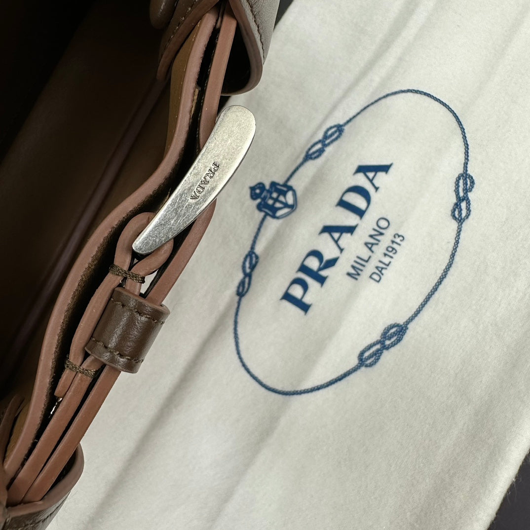 Prada 2026 Buckle Handbag 28cm Brown Suede Leather