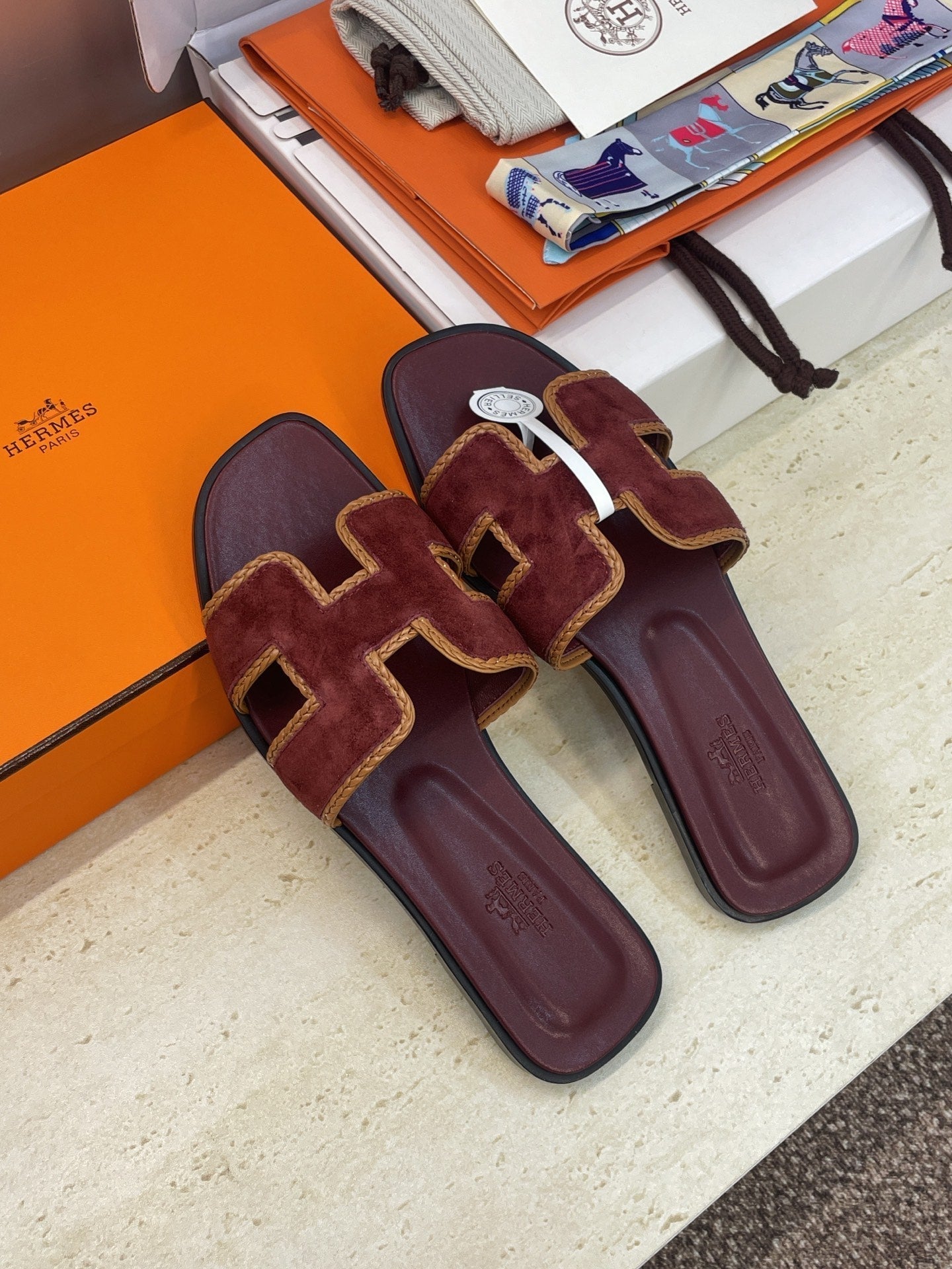 HM 26ss Oran Sandals Burgundy Brown Suede Calfskin 607252