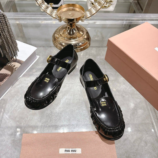 Miu Mary Jane Ballet Flats Black Calfskin 592043