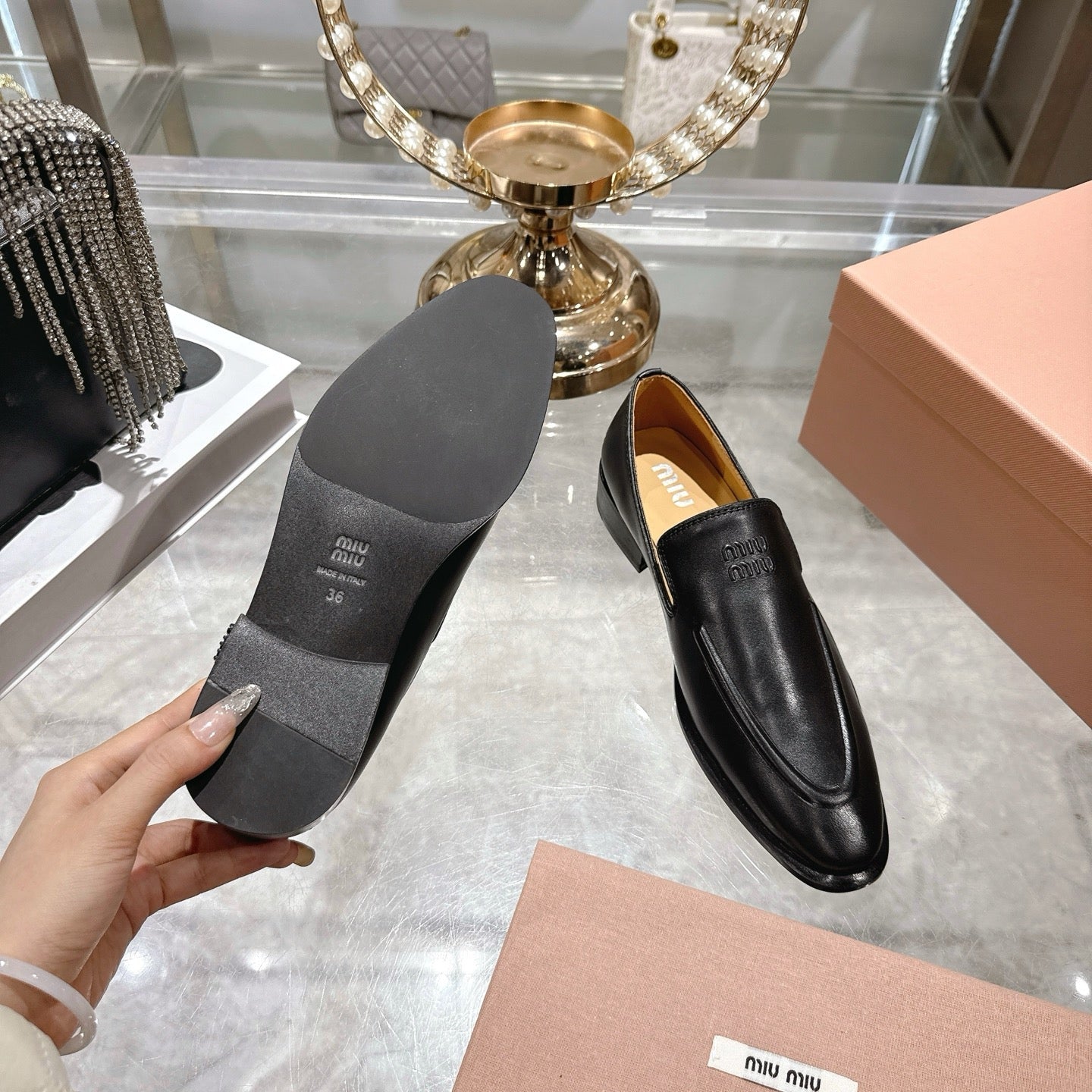 Miu Distressed Loafers Black Cowhide 592054