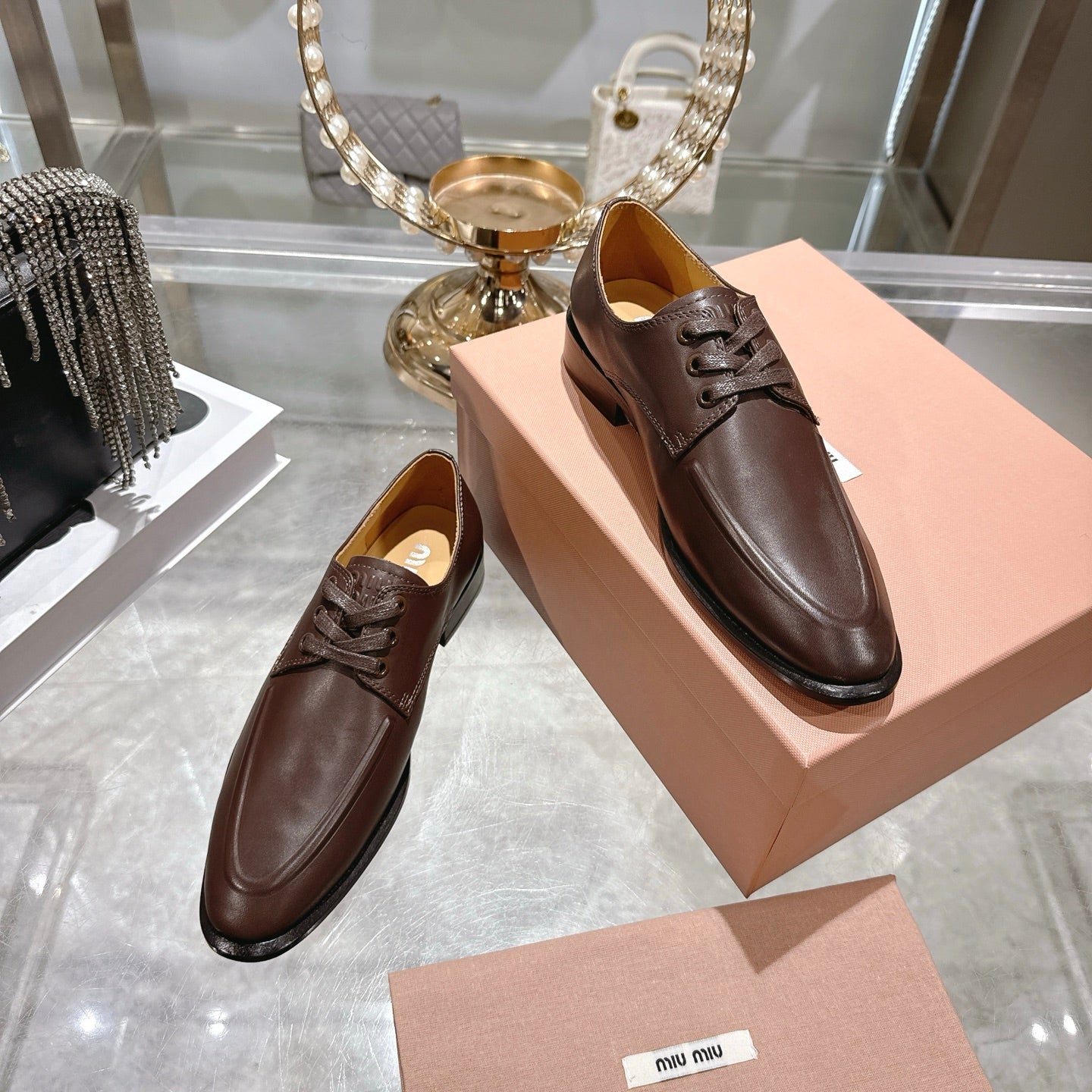Miu Distressed Loafers Brown Cowhide 592058