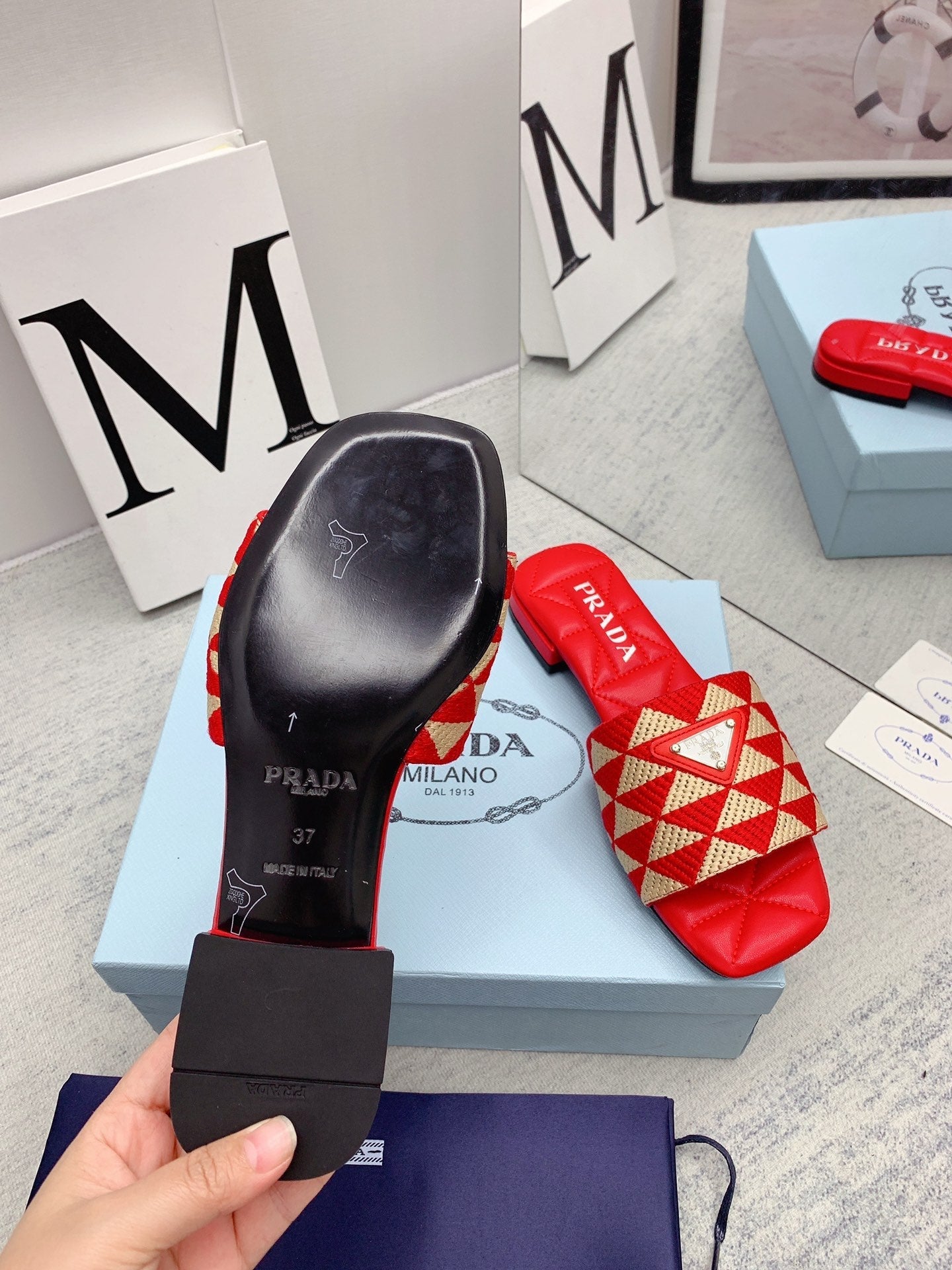 Prada 2026 Slippers Embroidery Fabric Sheepskin 731070