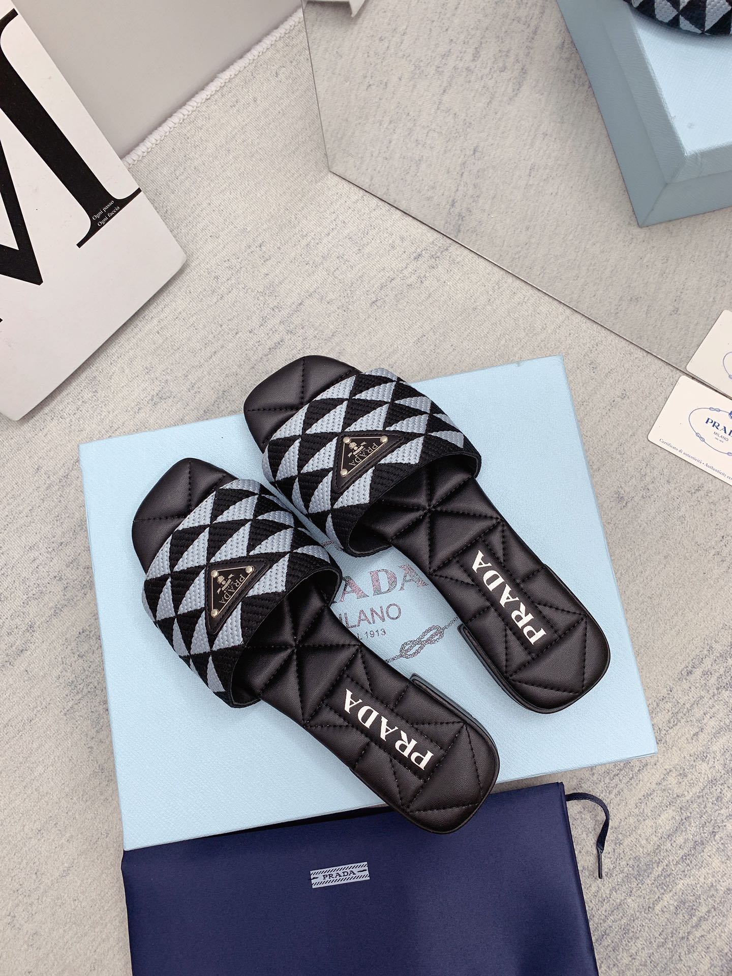 Prada 2026 Slippers Embroidery Fabric Sheepskin 731070