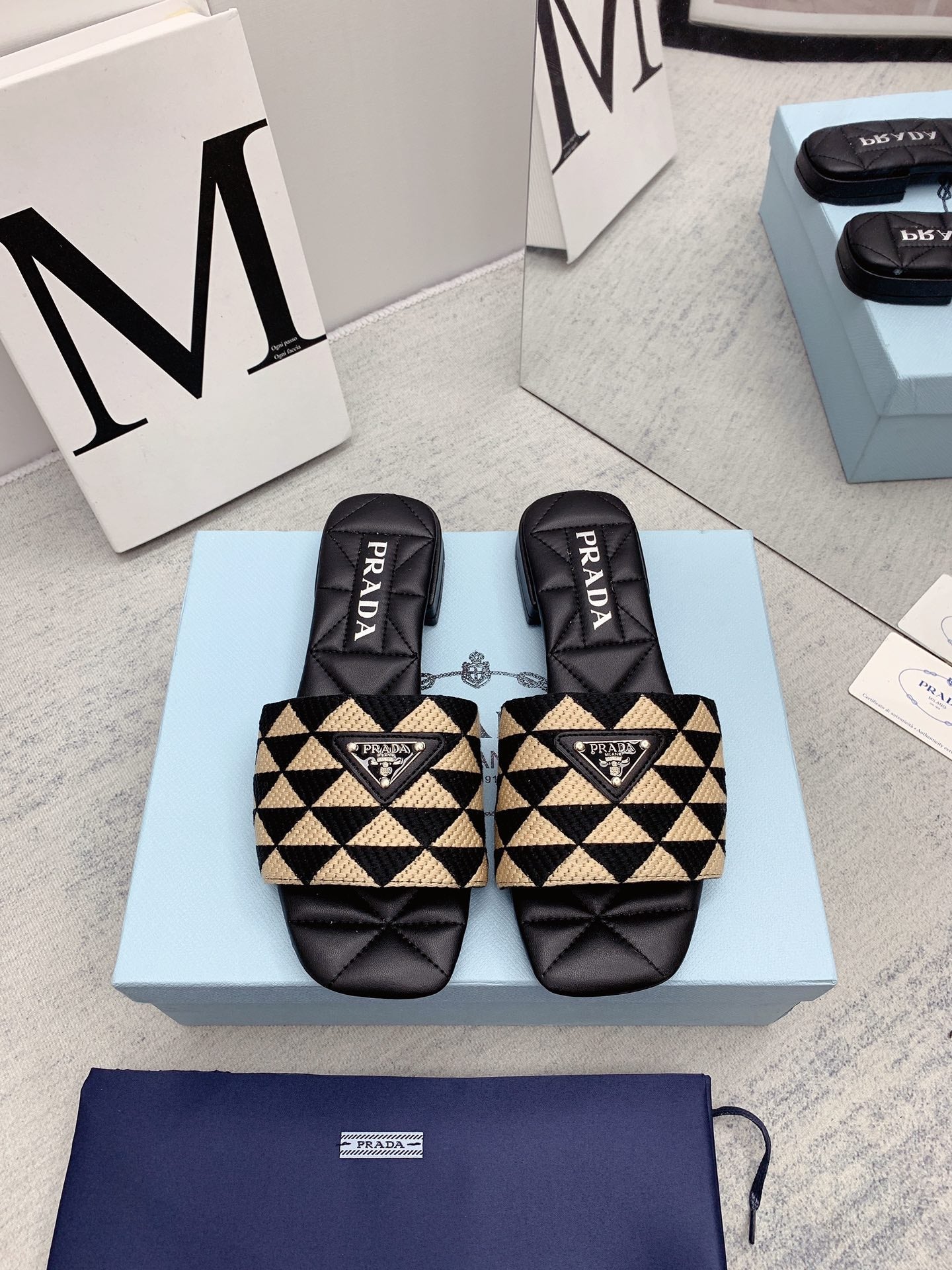 Prada 2026 Slippers Black Beige Sheepskin 731198