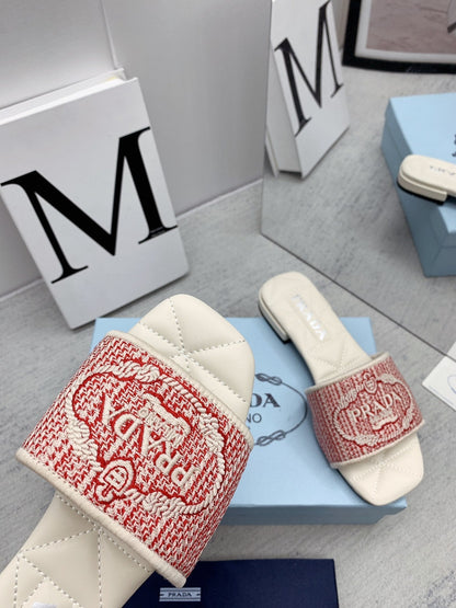 Prada 2026 Slippers Embroidery Canvas Sheepskin 731065