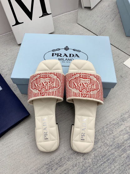 Prada 2026 Slippers Embroidery Canvas Sheepskin 731065