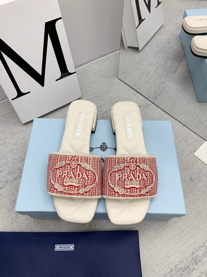 Prada 2026 Slippers Embroidery Canvas Sheepskin 731065