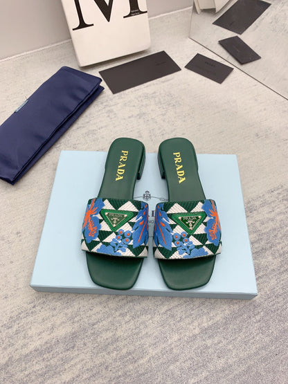 Prada 2026 Slippers Green Blue Embroidery Fabric Sheepskin