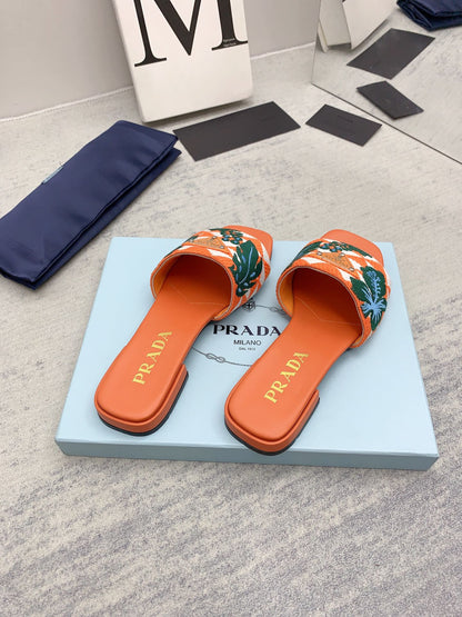 Prada 2026 Slippers Orange Dark Green Embroidery Fabric Sheepskin