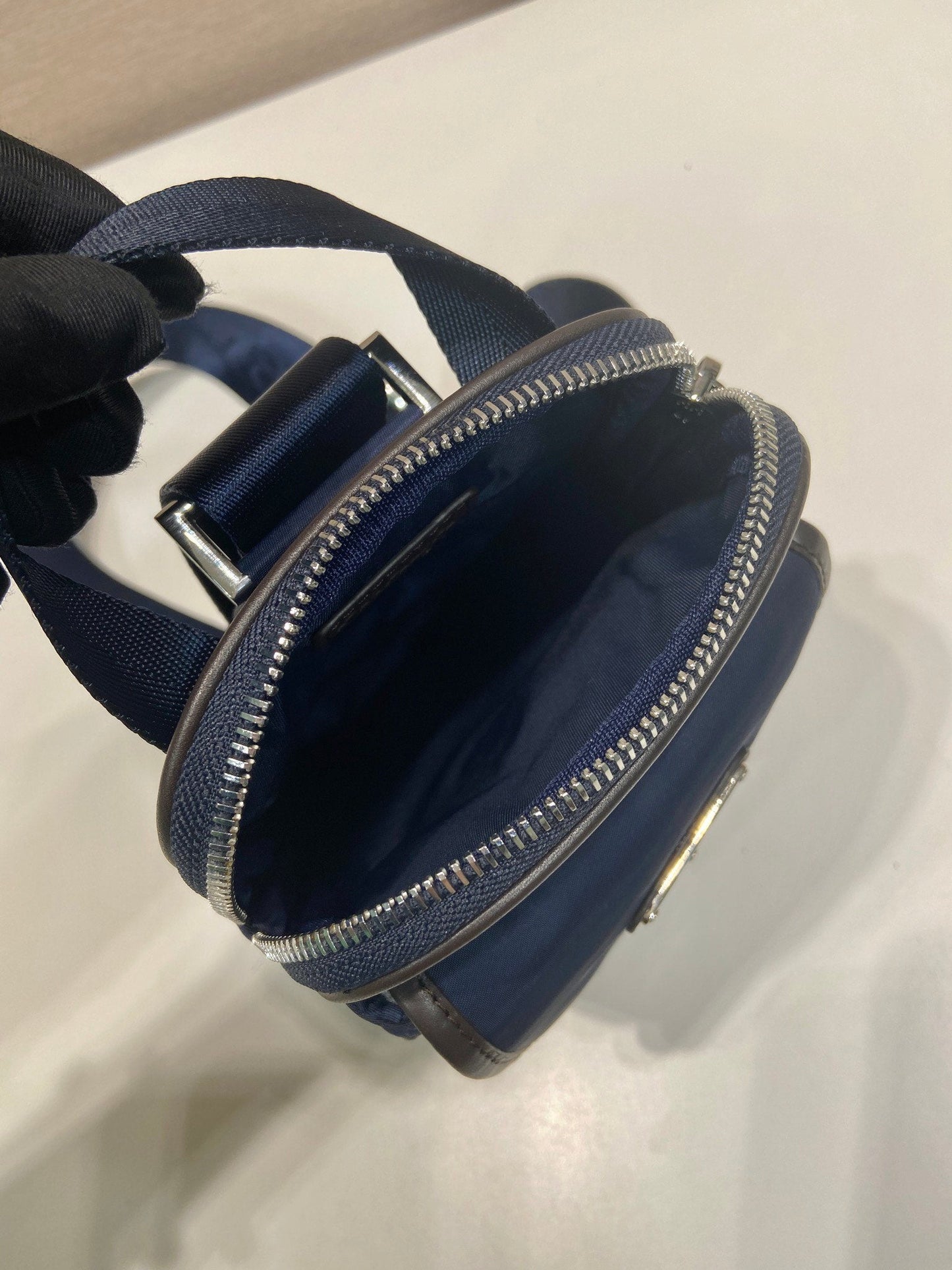Prada 2026 Mobile Phone Chest Bag Blue Brown Recycled Nylon With Saffiano Leather
