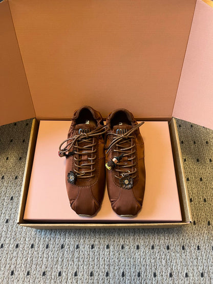 Miu Miu 2026  Plume Sneaker With Floral Charm Dark Brown Satin 621343