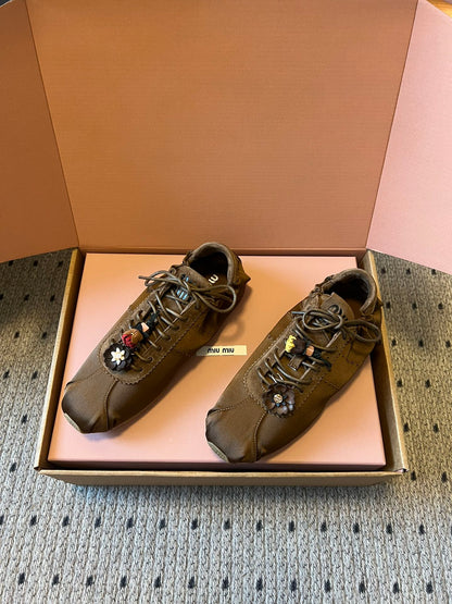 Miu Miu 2026  Plume Sneaker With Floral Charm Brown Satin 621344