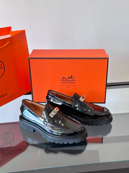 Hermes 2026 Paris Loafer Black Leather with Silver Buckle