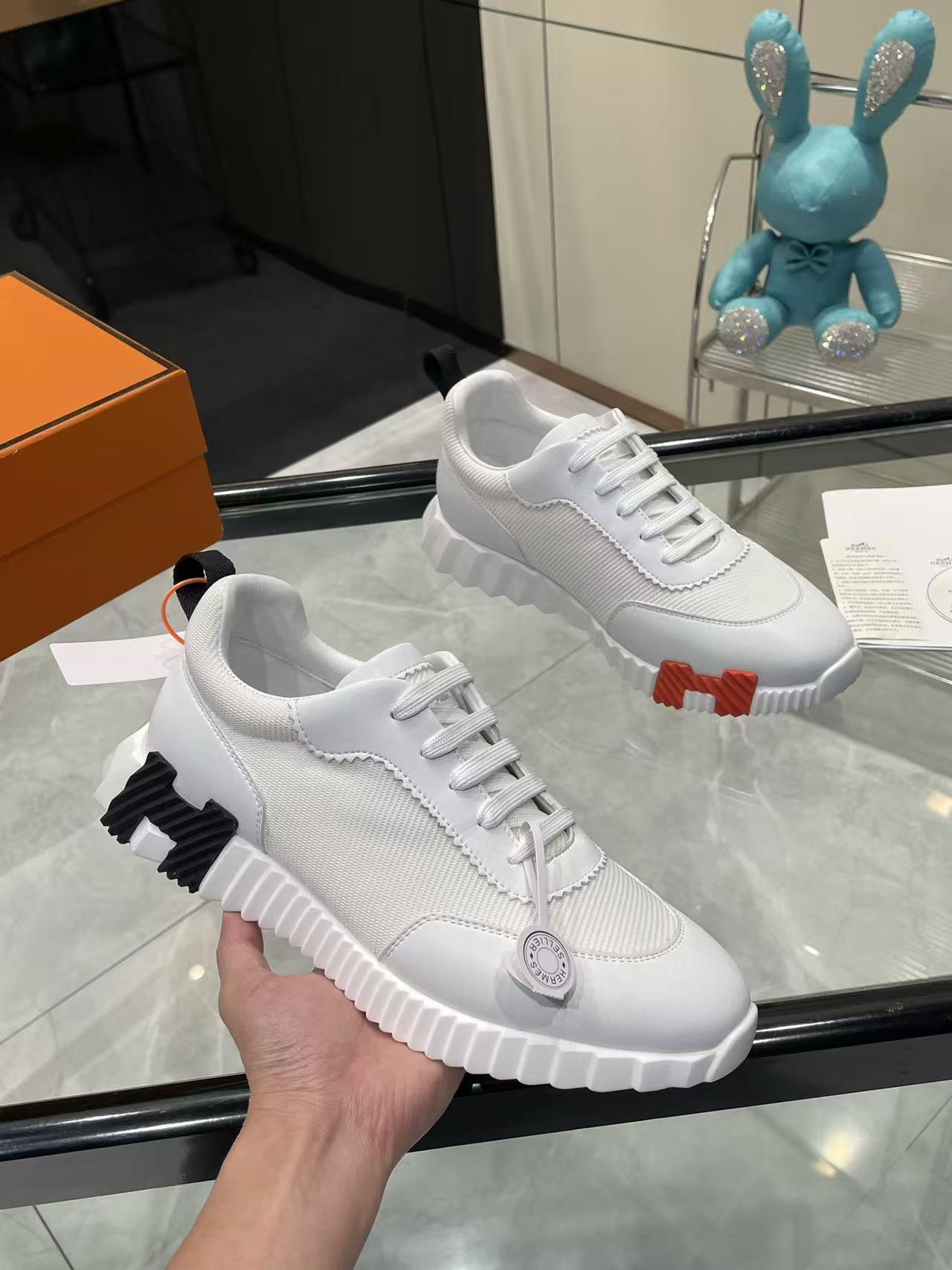 Hermes 2026 Bouncing Sneaker White Black Red Mesh Goatskin
