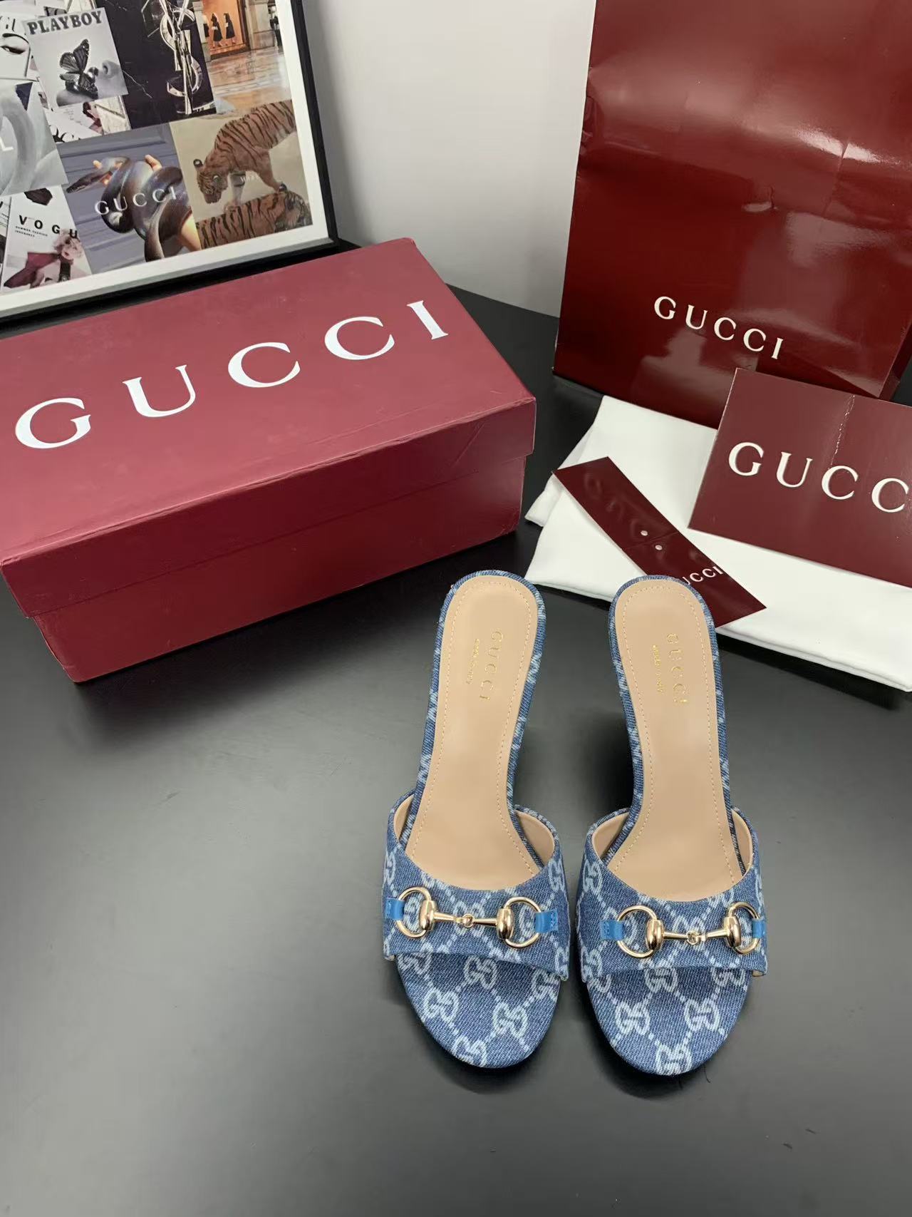 Gucci 2026 Erin Horsebit GG Sandal Blue Gold Denim Leather