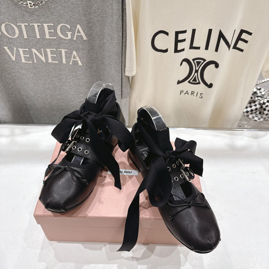 Miumiu 26ss Fairy Style Ballet Flats Satin Cowhide