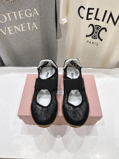 Miumiu 26ss Platform Ballet Flats Lace Fabric Suede 713083