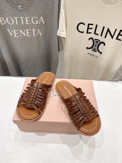Miumiu 26ss Flat Slippers Woven Calfskin 713096