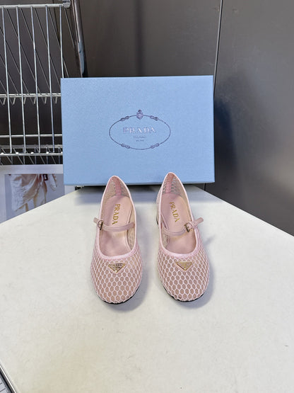 Prada 2026 Low Heel Ballet Flat 35mm Mesh Leather 717400