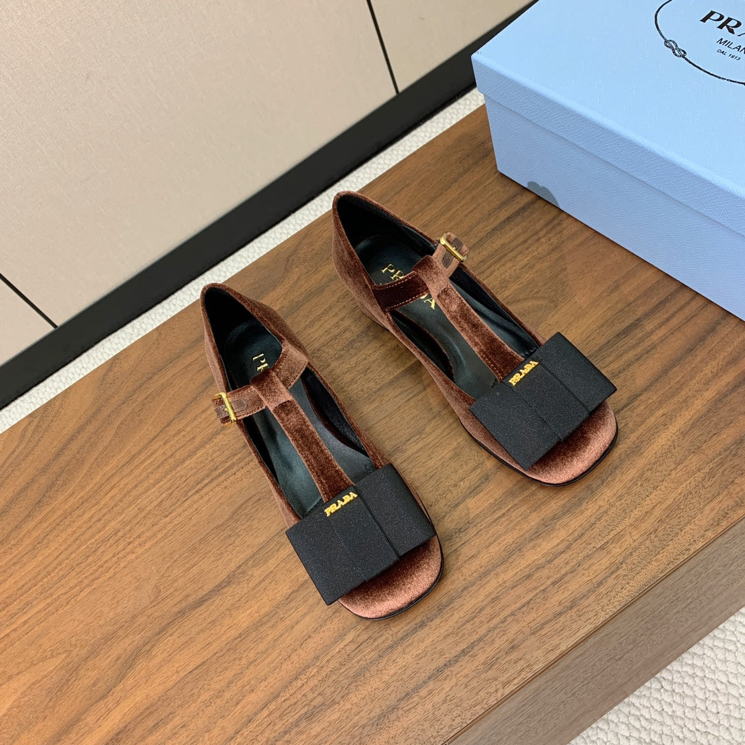 Prada 2026 T-strap Mary Janes 25mm Bow Calfskin Leather 792681