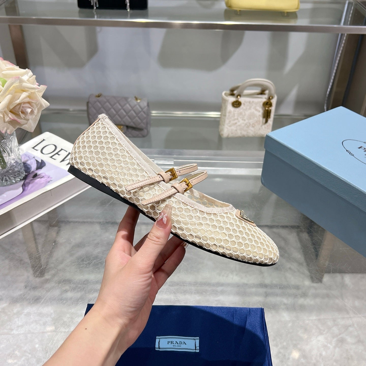 Prada 2026 Mary Jane Ballet Flat Mesh Sheepskin 715612