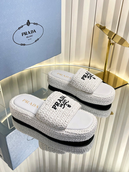 Prada 202 Platform Slide Sandals 40mm Woven Raffia 768777