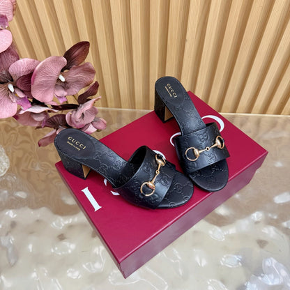 GG 26ss Chunky Heel Sandals 55 Cowhide Double G Embossed