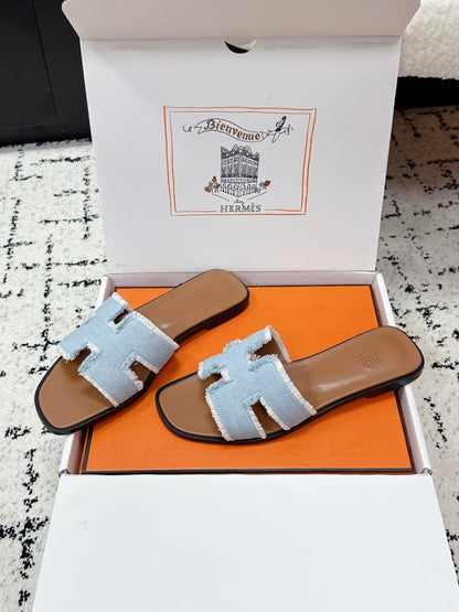 HM 26ss Oran Sandals Light Blue Brown Denim Cowhide 617211