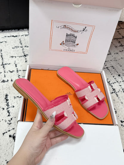 HM 26ss Oran Sandals Pink White Canvas Cowhide 617216