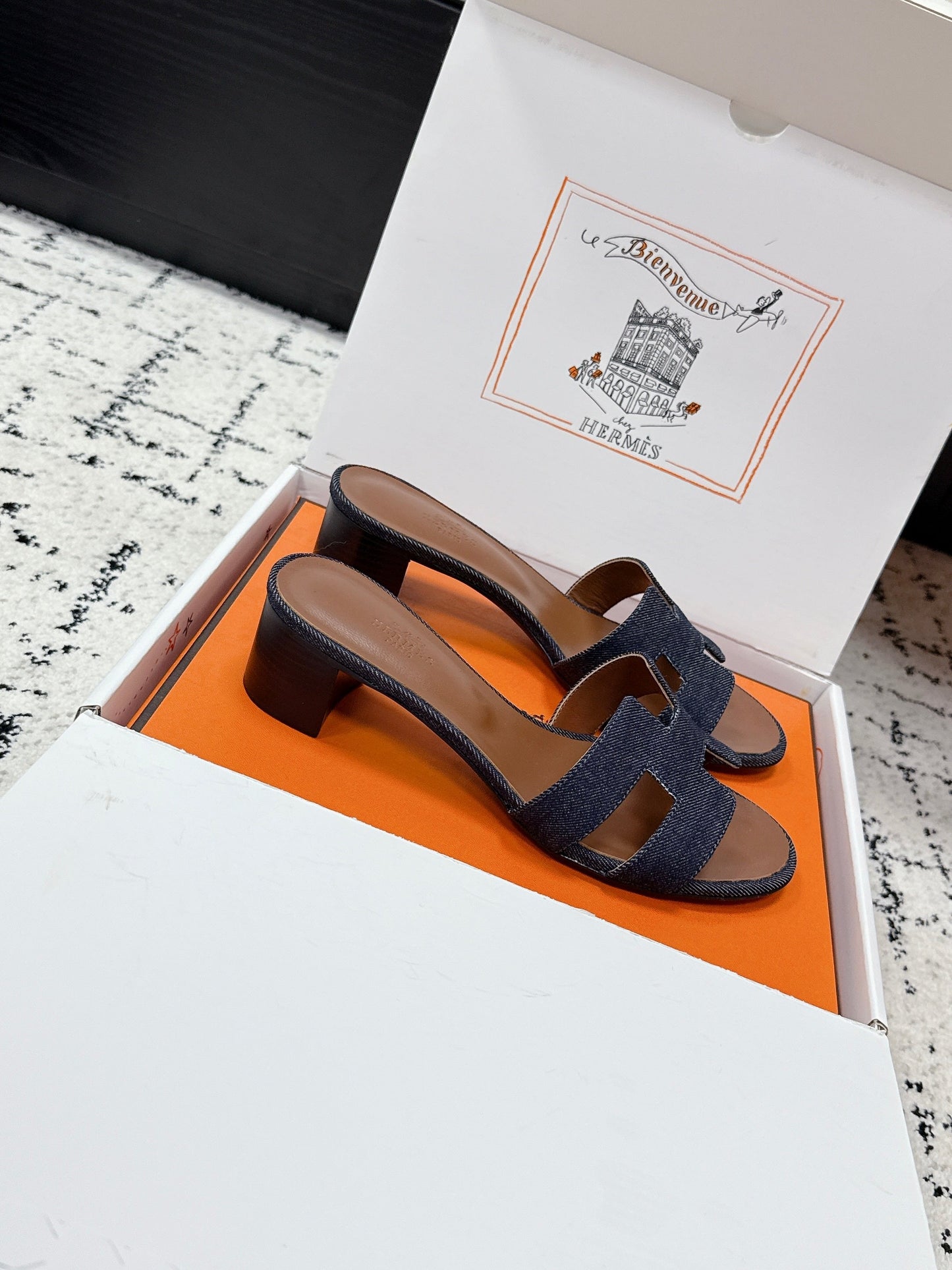 HM 26ss High-Heeled Sandals 50 Brown Dark Blue Denim Cowhide 617221