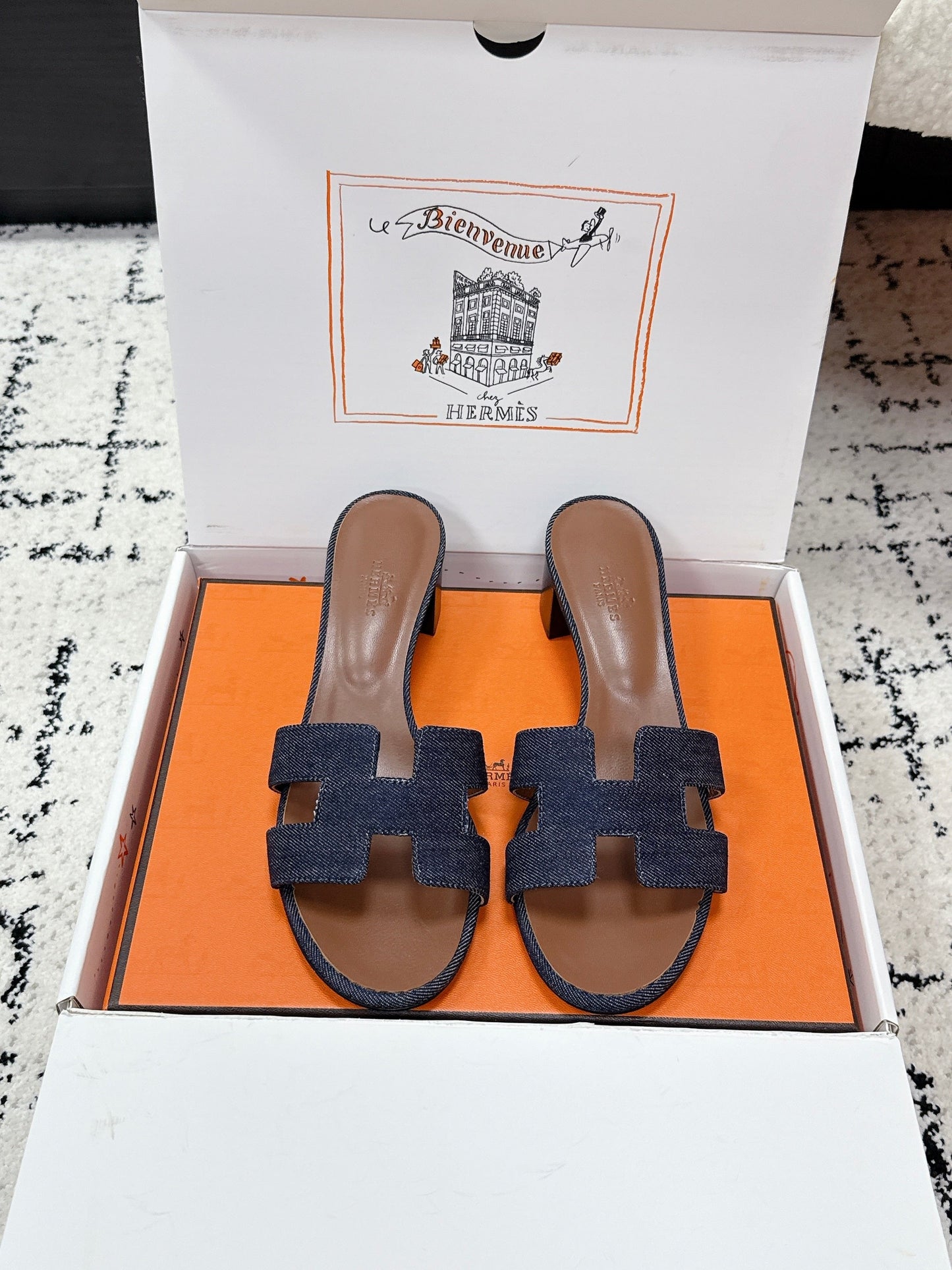 HM 26ss High-Heeled Sandals 50 Brown Dark Blue Denim Cowhide 617221