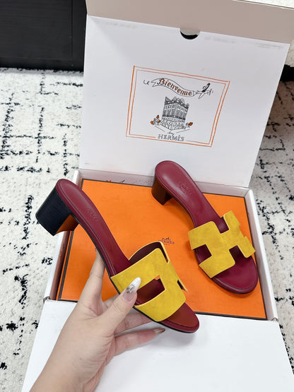 HM 26ss High-Heeled Sandals 50 Burgundy Yellow Cowhide 617229