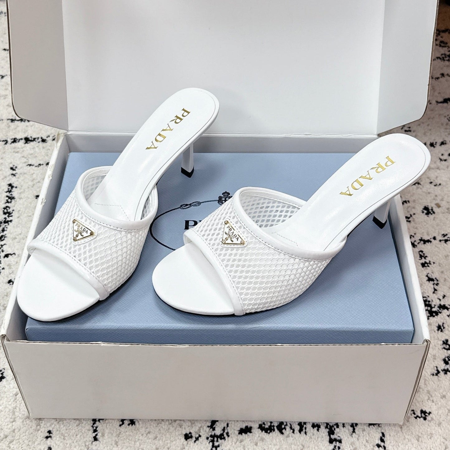Prada 2026 Triangle Logo High-Heeled Slides 75mm Mesh Leather 769832