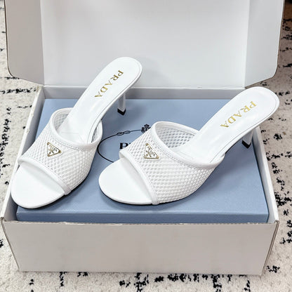 Prada 2026 Triangle Logo High-Heeled Slides 75mm Mesh Leather 769832