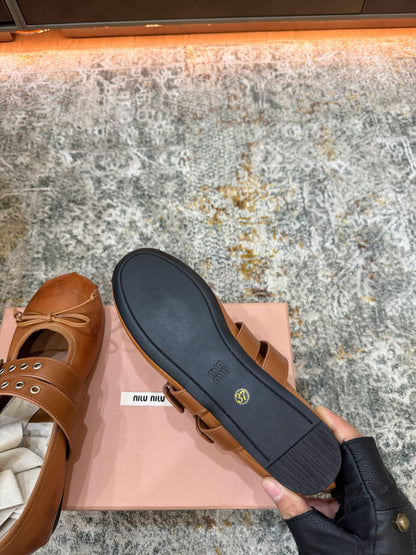 Miumiu 26ss Mary Janes Ballet Flat Camel Cowhide 709813