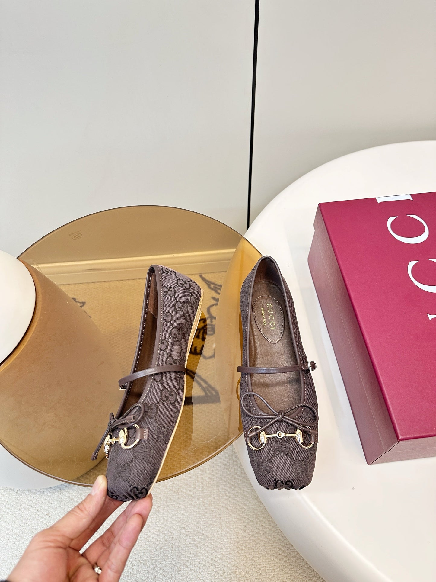 GG 26SS Ballet Flats Dark Brown Monogram Fabric Sheepskin 645711