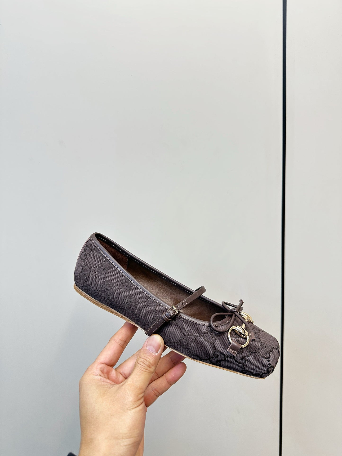 GG 26SS Ballet Flats Dark Brown Monogram Fabric Sheepskin 645711