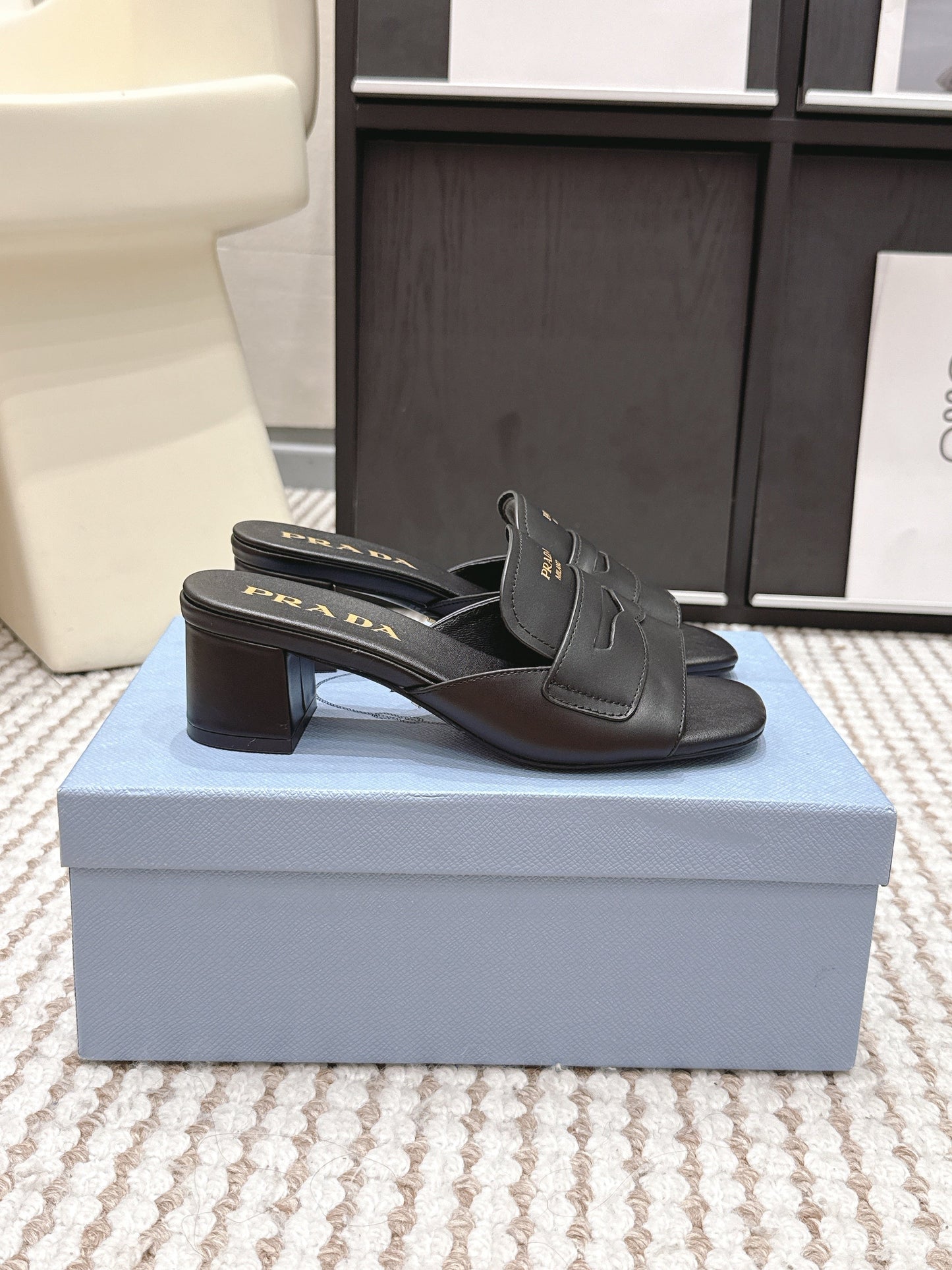PRA 2026S High Heel Slippers 55 Black Leather  658335