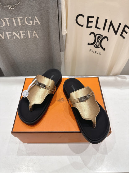 HM 26ss Sandals Black Champagne Gold Cowhide 641275
