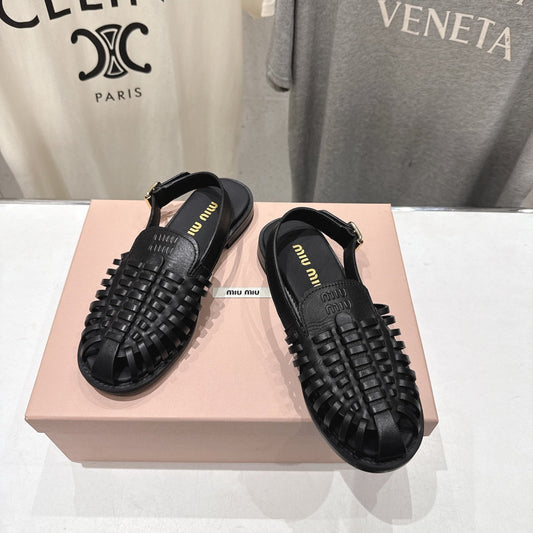 Miumiu 26ss Flat Sandals Black Woven Cowhide 713123