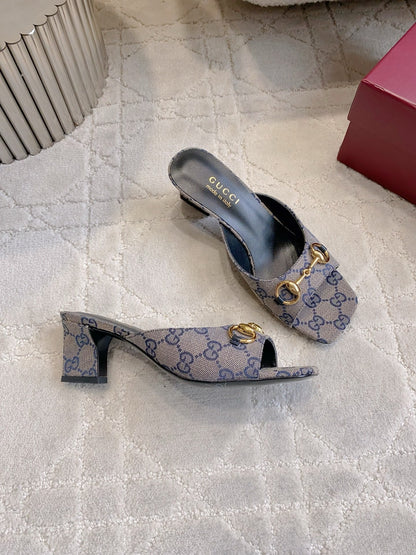 GG 26SS High-Heeled Sandals Gray Blue Black Canvas Leather 644533