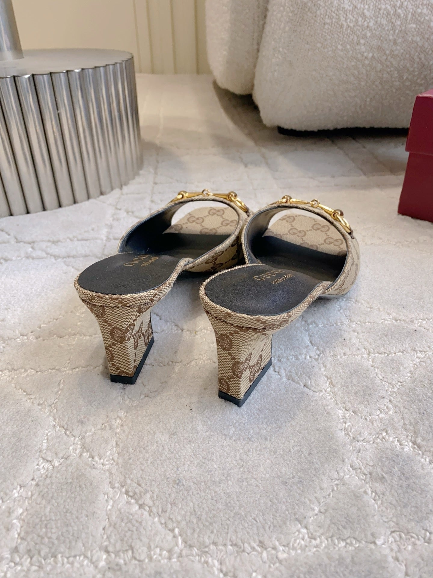 GG 26SS High-Heeled Sandals Beige Black Canvas Leather 644534