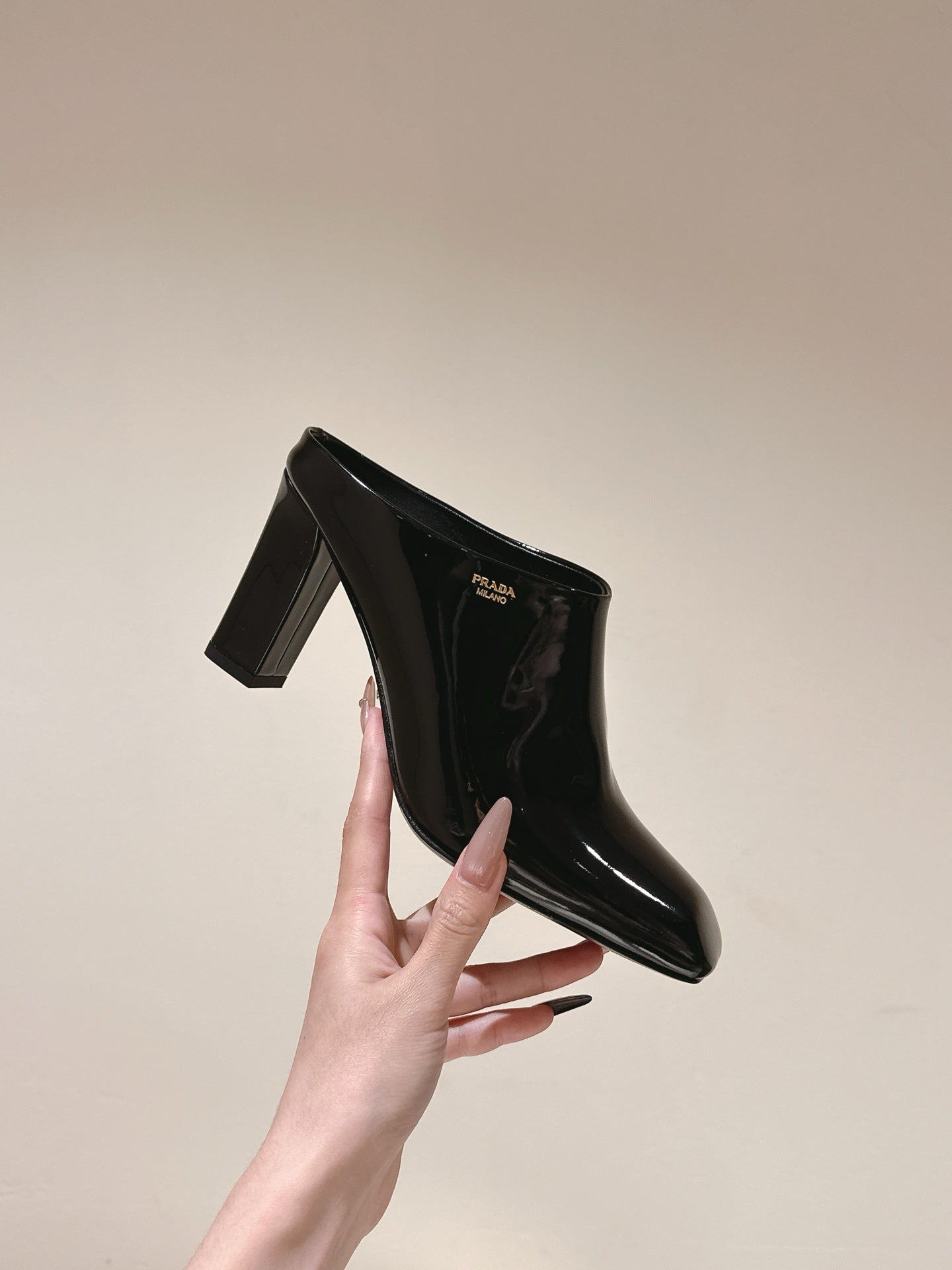 PRA 2026S High Heel Mule 75 Black Patent Leather 657675