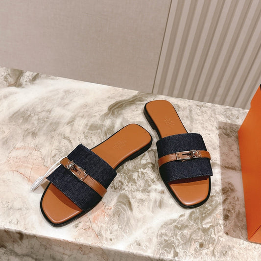 HM 2026 Flat Slippers Tan Brown Blue Denim Calfskin 655860