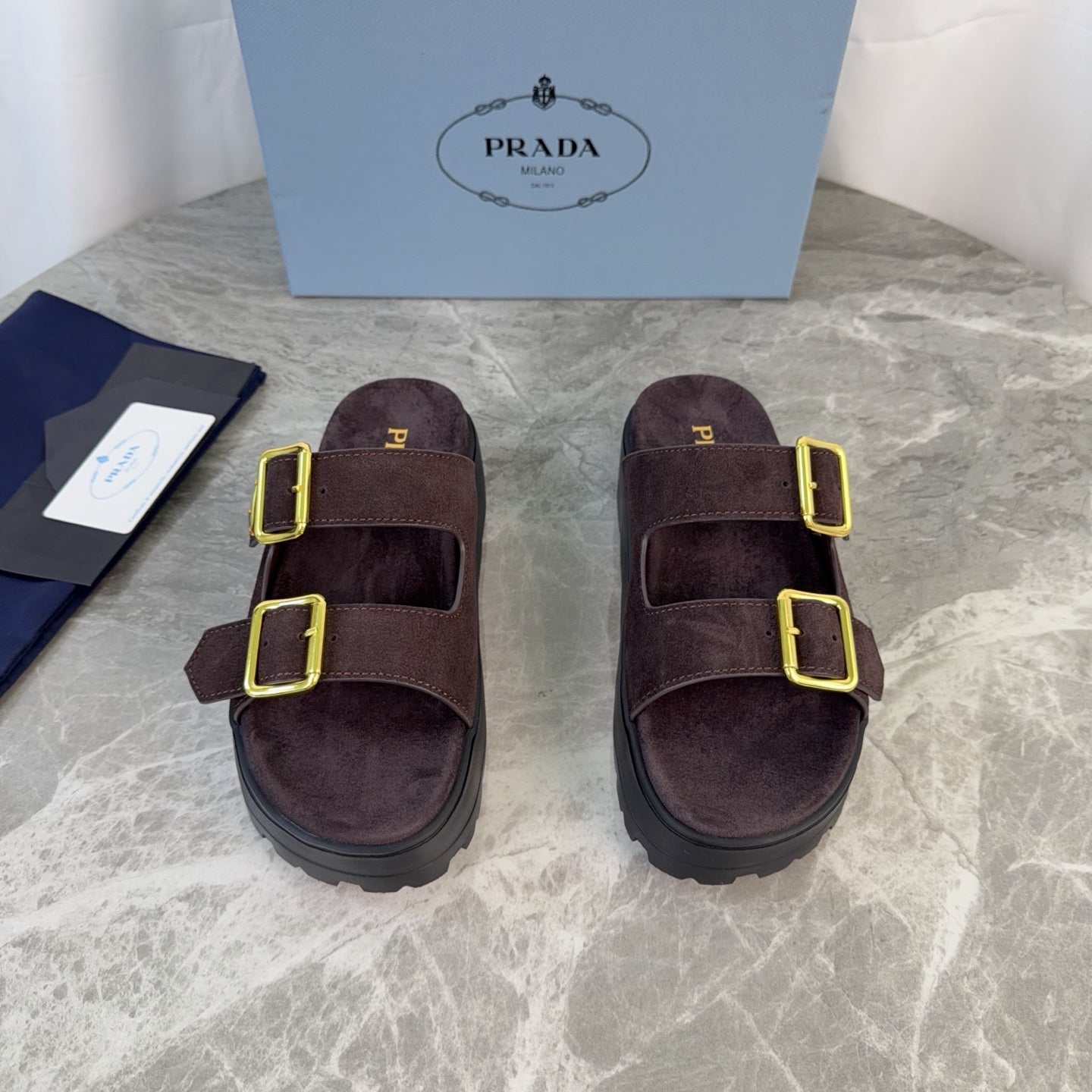 Prada 2026 Fussbett Flatform Slide Sandal Dark Brown Black Suede Leather 707697