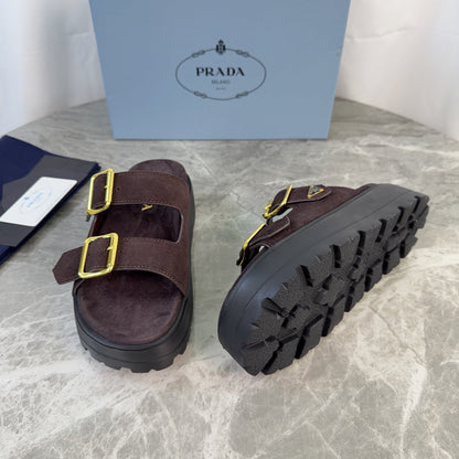 Prada 2026 Fussbett Flatform Slide Sandal Dark Brown Black Suede Leather 707697